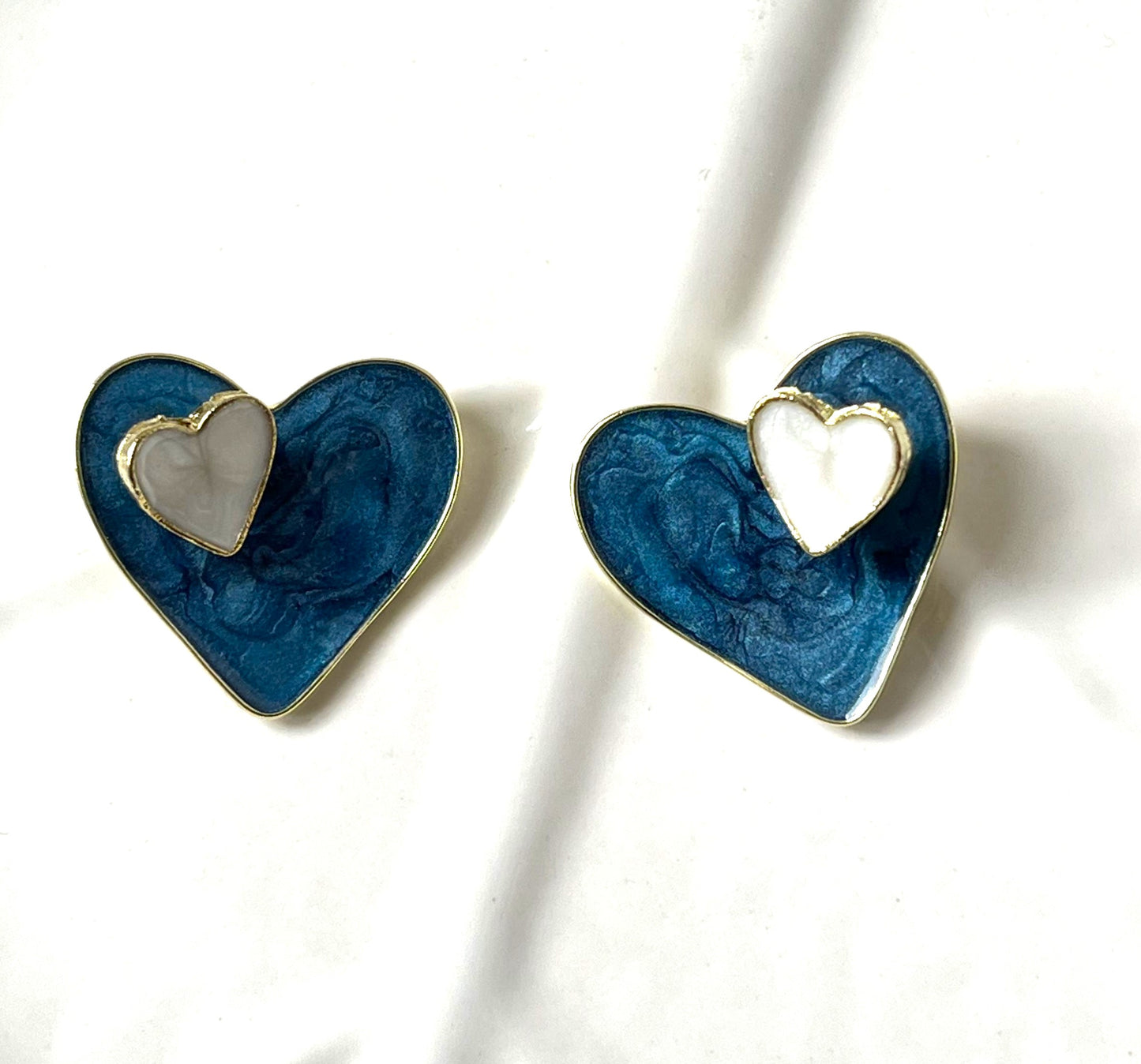 Blue & White Dual Heart Stud Korean Earing