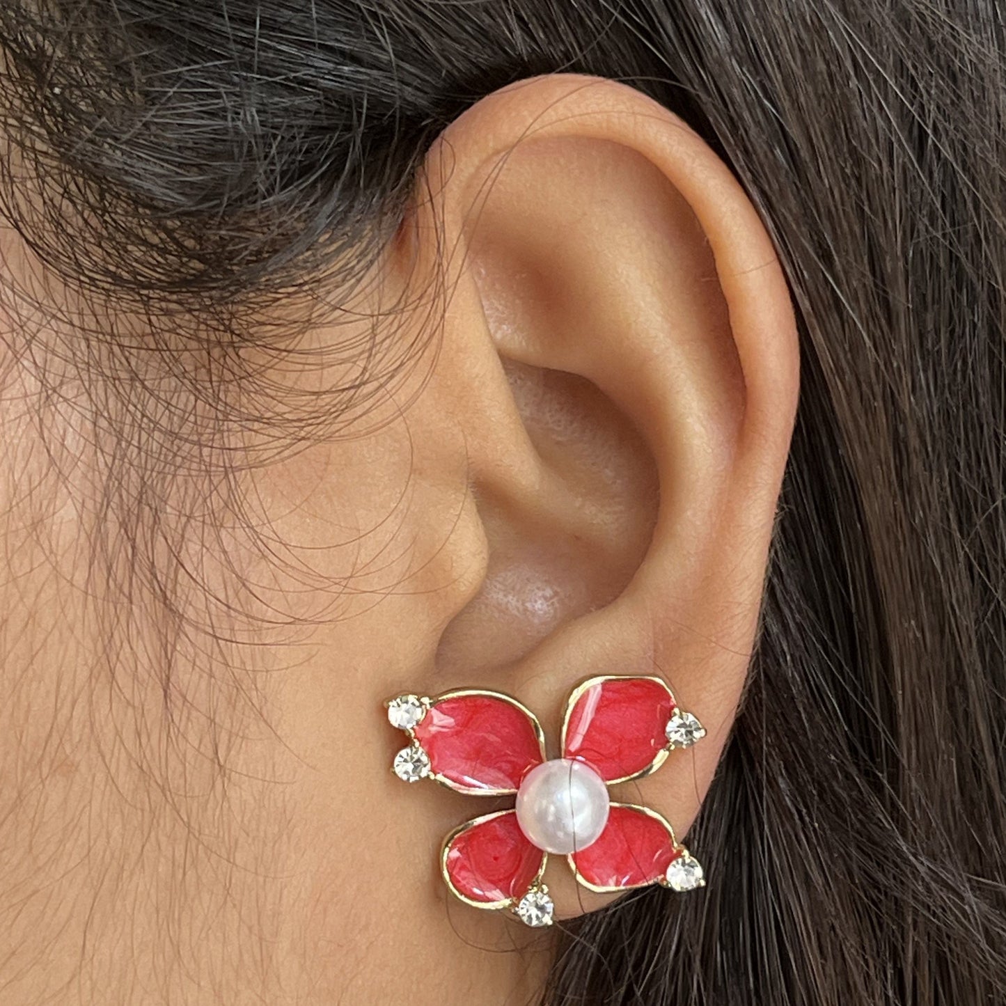 Red Petal Zircon Stud Korean Earing