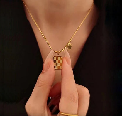 Checkerboard Square Necklace - 22K Gold Plated