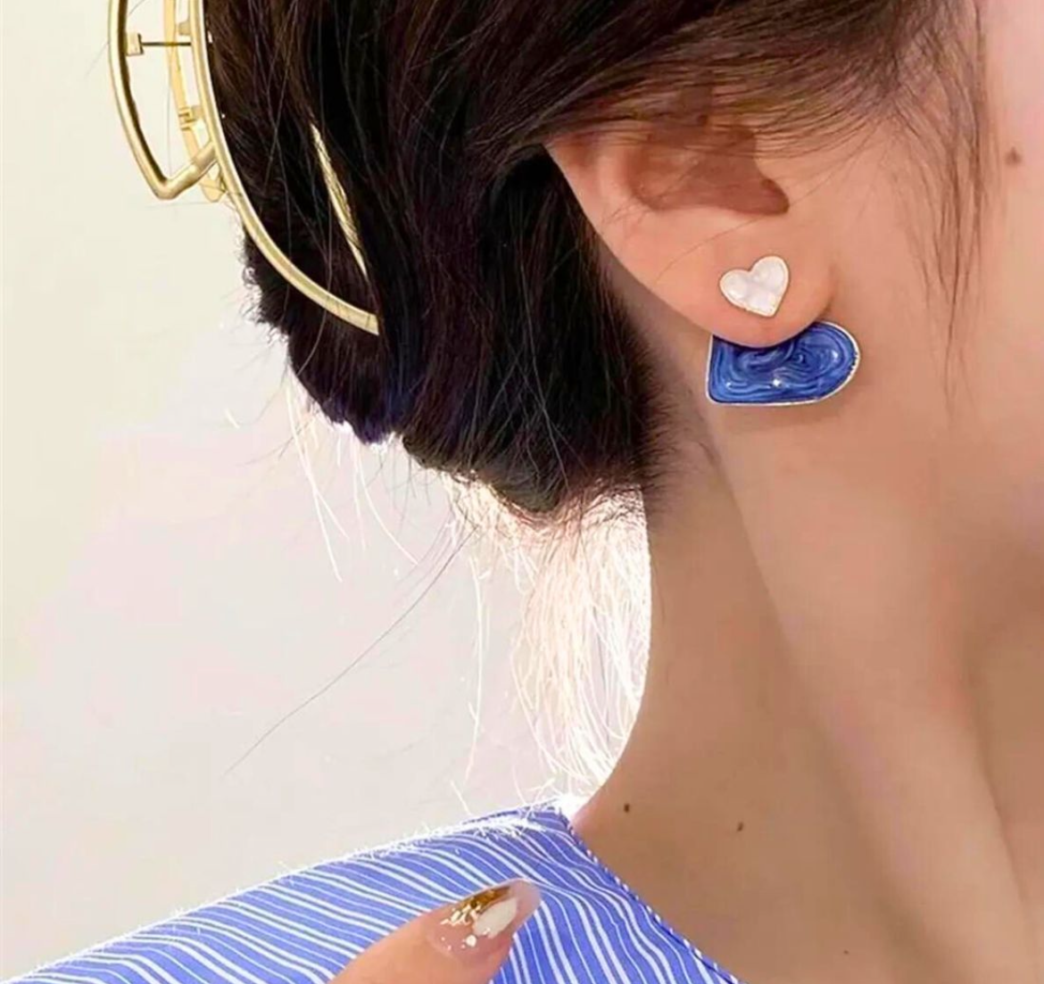 Blue & White Dual Heart Stud Korean Earing