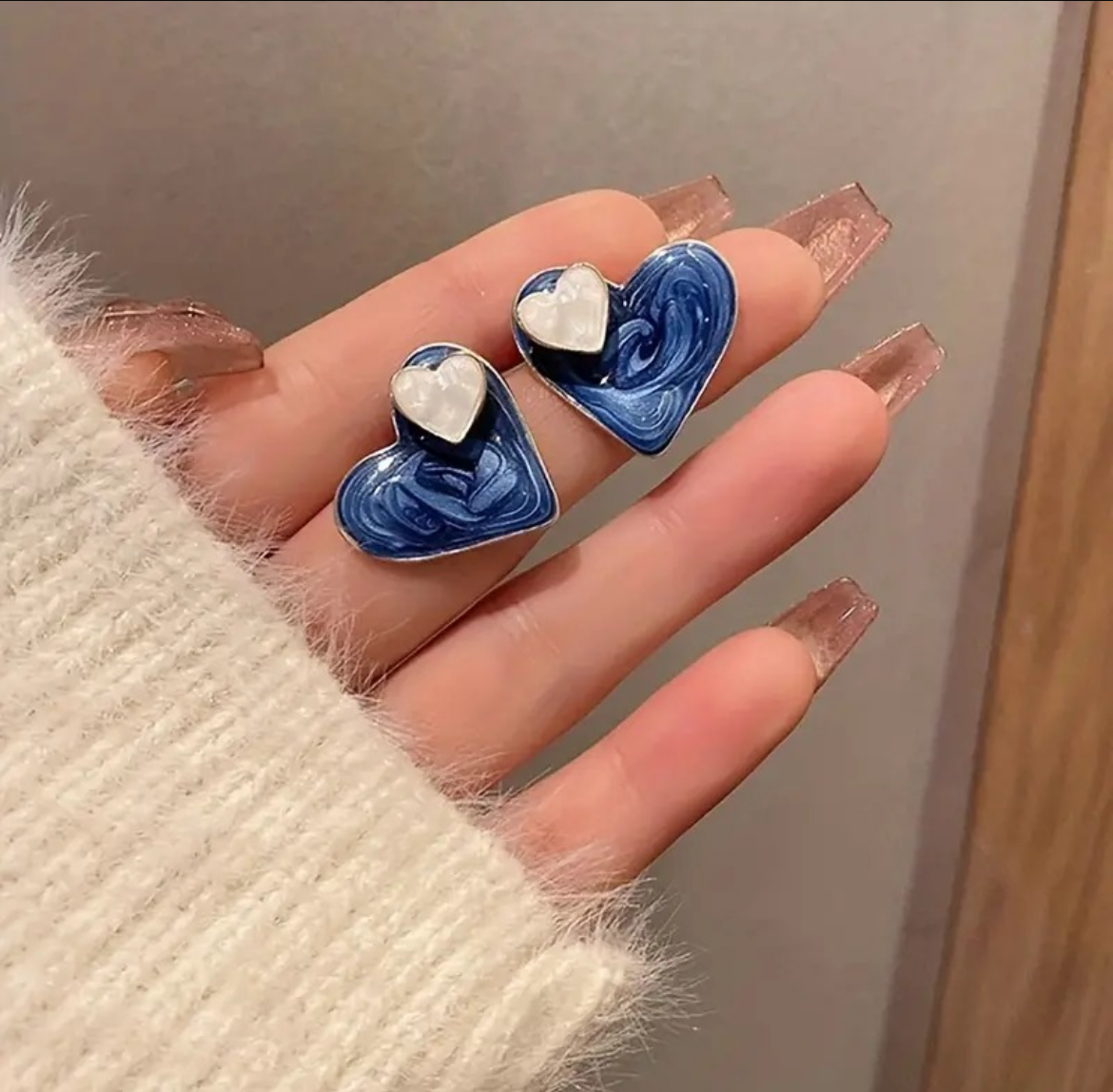 Blue & White Dual Heart Stud Korean Earing