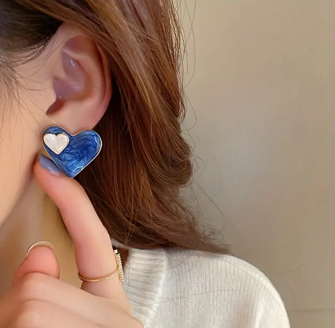 Blue & White Dual Heart Stud Korean Earing